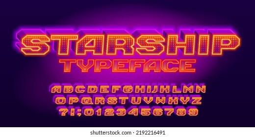 Starship alphabet font. 3D glowing letters and numbers. Stock vector typescript for your typography in retro 80s style.