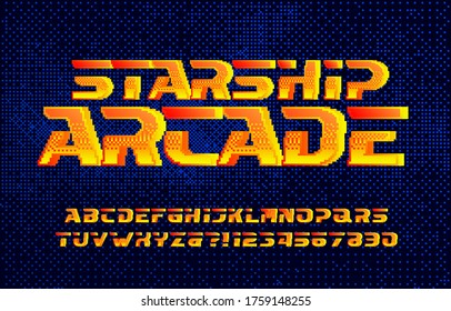 Starship Alphabet Font. Digital Letters And Numbers. Pixel Background. 80s Arcade Video Game Typescript.