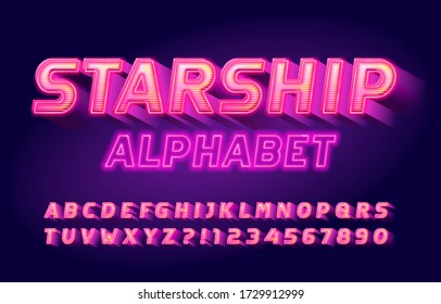 Starship alphabet font. Neon letters, numbers and symbols with motion effect. Retro-futuristic vector typeface for your typography design.