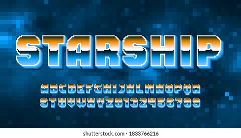 Starship alphabet font. Pixel letters, numbers and symbols. Space pixel background. 80s arcade video game typescript.