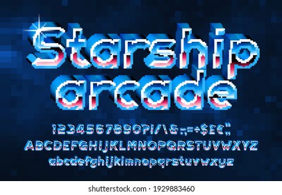 Starship Arcade alphabet font. Pixel 3D letters, numbers and punctuations. Pixel background. 80s arcade video game typescript.