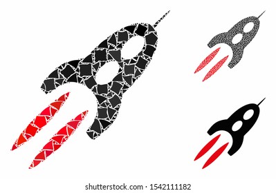 Starship composition of tuberous pieces in various sizes and color tinges, based on starship icon. Vector trembly pieces are combined into collage. Starship icons collage with dotted pattern.