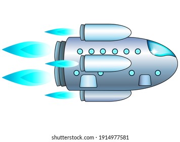 Starship in flight - vector full color illustration. The starship flies on all engines - a rocket for space exploration, tourism and cargo delivery. A ship for interplanetary travel.