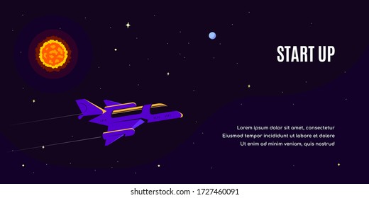 Starship flying in space with big burning star on background. Business start up concept banner design. Flat style vector illustration.