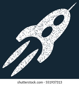 Starship grainy textured icon for overlay watermark stamps. Flat symbol with scratched texture. Dotted vector white ink rubber seal stamp with grunge design on a dark blue background.