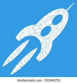 Starship grainy textured icon for overlay watermark stamps. Flat symbol with dust texture. Dotted vector white ink rubber seal stamp with grunge design on a blue background.