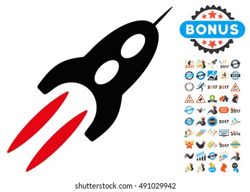 Starship icon with 2017 year bonus vector pictograms. Collection style is flat symbols, white background.