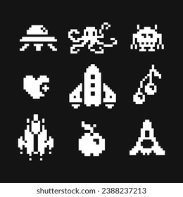 Starship and monsters pixel art 1-bit icon set, black and white emoji, heart, apple and cherry. Isolated vector illustration. Design for mobile application.