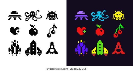 Starship and monsters pixel art 1-bit icon set, black and white emoji, heart, apple and cherry. Isolated vector illustration. Design for mobile application.