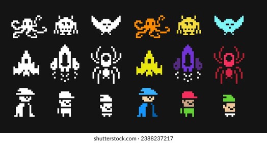 Starship and monsters pixel art 1-bit icon set, black and white emoji, heart, apple and cherry. Isolated vector illustration. Design for mobile application.