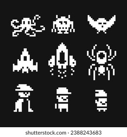 Starship and monsters pixel art 1-bit icon set, black and white emoji, heart, apple and cherry. Isolated vector illustration. Design for mobile application.