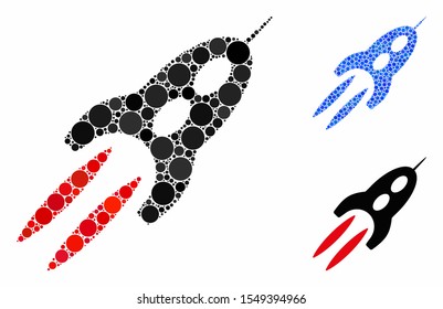 Starship mosaic of circle elements in various sizes and shades, based on starship icon. Vector round elements are combined into blue mosaic. Dotted starship icon in usual and blue versions.