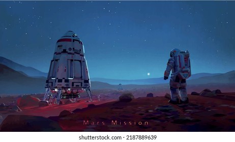 Starship on red planet Mars vector illustration