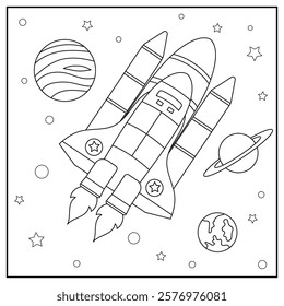 Starship in space coloring book for children.