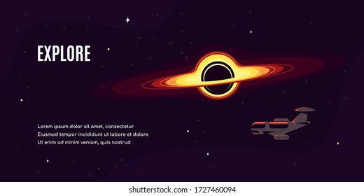 Starship in space near a black hole. Business research, exploration concept. Flat style vector illustration