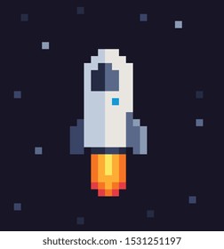 Starship in space pixel art vector illustration, spaceship, design for logo, sticker, mobile app. Game assets 8-bit sprite.