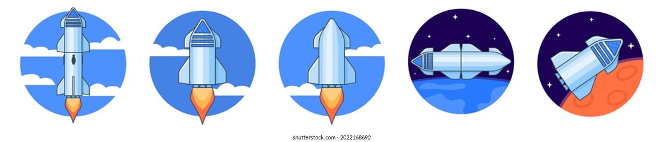 Starship, spaceship rocket concept illustration. Flat line icons set