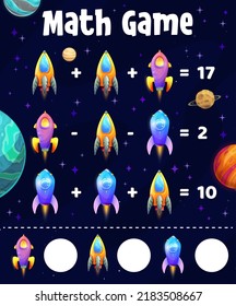 Starship, spaceship shuttles, math game worksheet or education maze, vector puzzle. Math game puzzle on addition and extraction, kid school mathematics and calculation puzzle with galaxy rockets