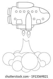 The starship takes off in a cloud of dust. Linear Spaceship vector picture for coloring. - stylization children's coloring book. Outline design. A spaceship standing.