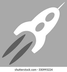 Starship vector icon. Style is flat bicolor dark gray and white symbol, rounded angles, silver background.