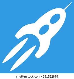 Starship vector icon. Style is flat white symbol, rounded angles, blue background.
