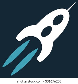 Starship vector icon. Style is flat bicolor blue and white symbol, rounded angles, dark blue background.