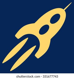 Starship vector icon. Style is flat yellow symbol, rounded angles, blue background.