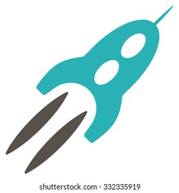 Starship vector icon. Style is flat bicolor grey and cyan symbol, rounded angles, white background.