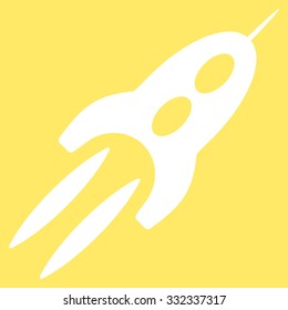 Starship vector icon. Style is flat white symbol, rounded angles, yellow background.