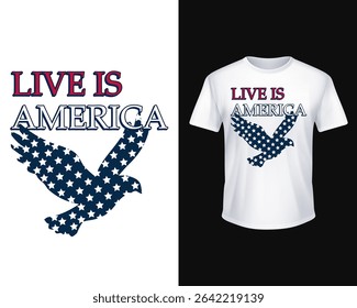 Águia com uma estrela em voo sob o lema ousado "LIVE IS AMERICA". Mock-up branco limpo, gráfico patriótico moderno adequado para o quarto de julho de merch, presentes veteranos e roupas de orgulho americano todos os dias.