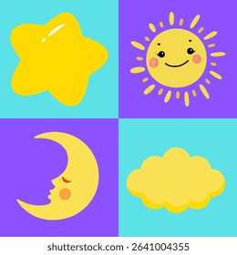 stars.sun.moon.clouds.Suitable for children's books, nursery decor, educational materials, weather-themed crafts, and teaching about day and night.