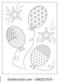 Star-striped balloons and sparkling stars fly into the sky. Coloring page for children and adults
