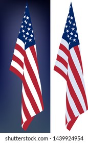 star-striped USA flag hanging down on a white and dark background