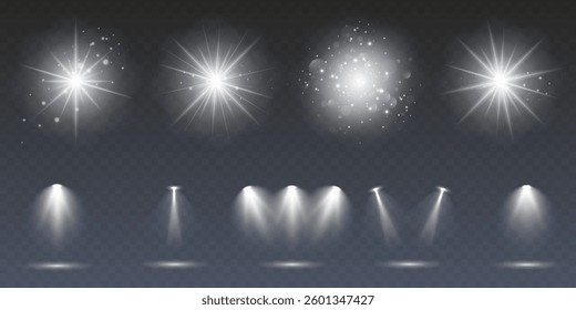 Star-sun light with glowing rays and radiant flashes. A high-quality vector illustration featuring bright gold light particles, glitter effects, and shimmering sunbursts.