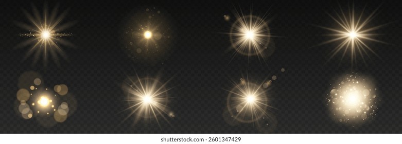 Star-sun light with glowing rays and radiant flashes. A high-quality vector illustration featuring bright gold light particles, glitter effects, and shimmering sunbursts.