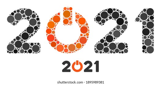 Start 2021 caption collage of round dots in different sizes and color hues. Vector round dots are composed into start 2021 caption mosaic. Start 2021 caption isolated on a white background.