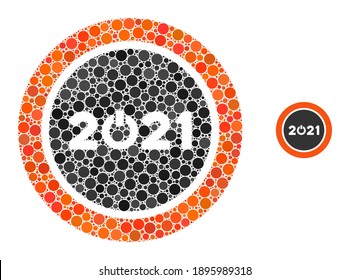 Start 2021 round button composition of circle elements in variable sizes and color tints. Vector circle elements are organized into start 2021 round button mosaic.