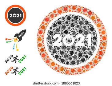 Start 2021 round button covid-2019 mosaic icon. Start 2021 round button collage is designed from randomized coronavirus pictograms. Bonus pictograms are added. Flat style.