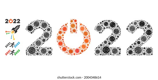 Start 2022 caption covid-2019 mosaic icon. Start 2022 caption collage is formed with randomized viral pictograms. Bonus pictograms are added. Flat style.