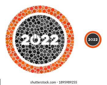 Start 2022 round button composition of round dots in various sizes and shades. Vector round elements are composed into start 2022 round button composition.