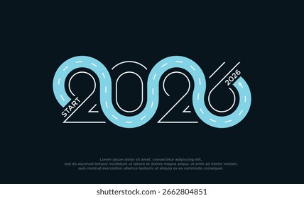 Logotipo de START 2026 sobre fondo azul. Diseño de Vector de Premium para saludos y celebraciones Feliz Año Nuevo 2026.