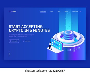 Start accepting crypto payments in 5 minutes isometric vector image on blue background. Easy blockchain transfers. IoT for business. Web banner with space for text. Composition with 3d components