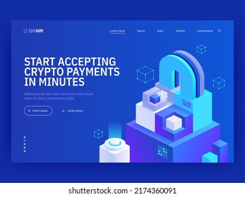 Comenzar a aceptar pagos criptográficos en minutos imagen vectorial isométrica en fondo azul. Sistema de transacciones de cadena de bloqueo para empresas. Banner web con espacio para texto. Composición con componentes 3d