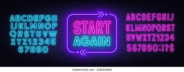 Start Again Neon Sign On A Brick Background.