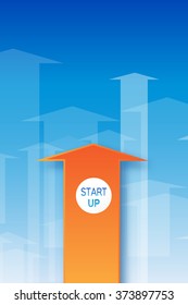 Start up arrow symbol on blue background. Way to success, arrow up. Orange arrows going up - success concept illustration