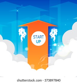Start up arrow symbol on blue background. Way to success, arrow up. Orange arrows going up - success concept illustration