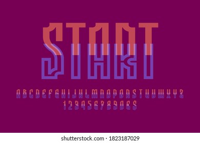 Start artistic display font. Compound orange blue letters, numbers and currency signs. Isolated vector english alphabet.
