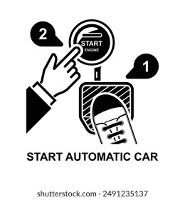 Start automatic car icon. Pressed down the break pedal and push start button isolated on background.