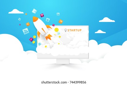 Start up background. Computer and Rocket launch out to the sky with social media icons. Illustration and vector