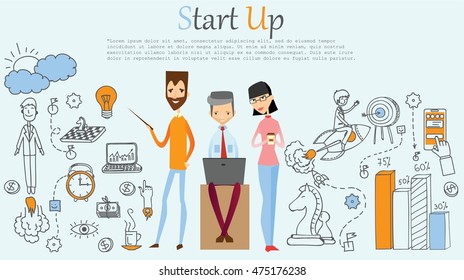 Start up background. Hand drawn business ideas sketch of start up.